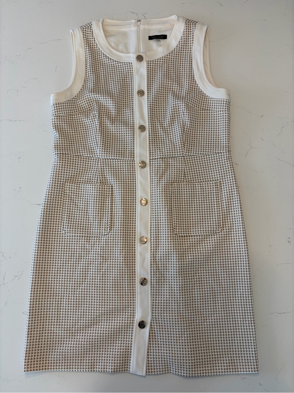 Tommy Hilfiger Women’s White and Tan Grid Sleeveless Button-Front Dress